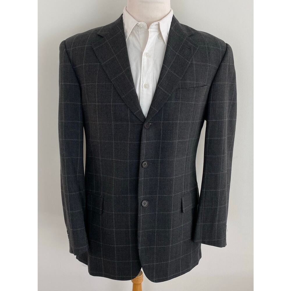 VTG Zanella Italy windowpane plaid 3-button wool suit jacket blazer coat, 40L